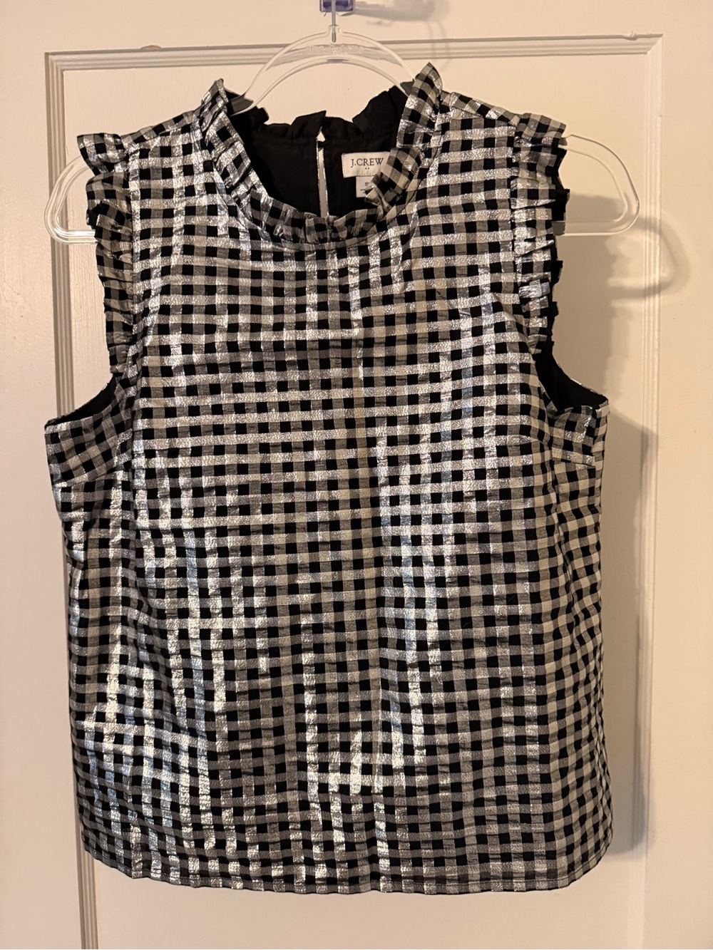 J. Crew Factory Metallic Black and Silver Gingham Ruffle Sleeve Top